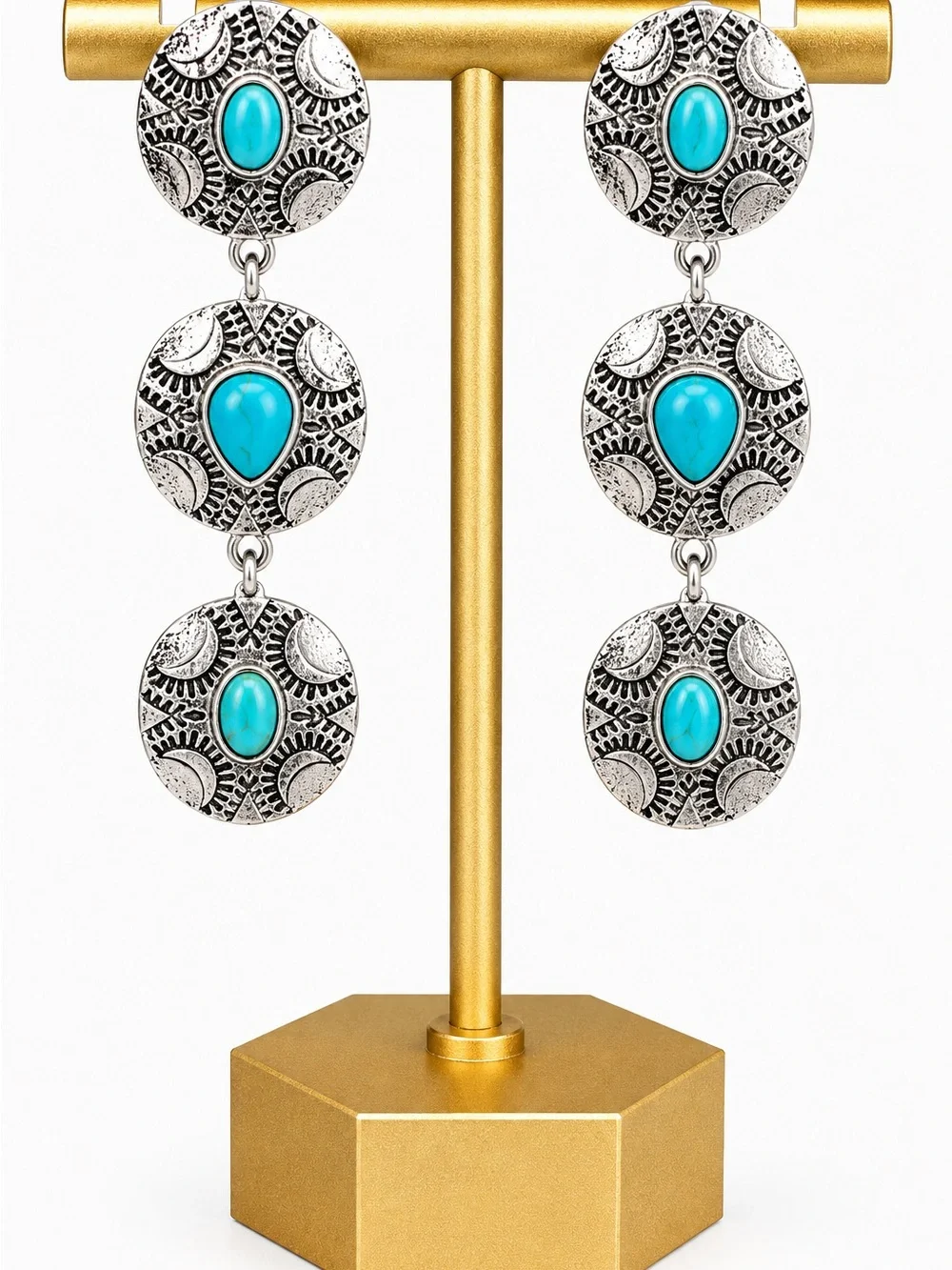 Southwest Style Turquoise Look Triple Drop Earrings Silver Toned Concho